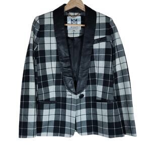 Milly Womens Tuxedo Jacket 0 Plaid Wool Leather Black White Structured Jacket